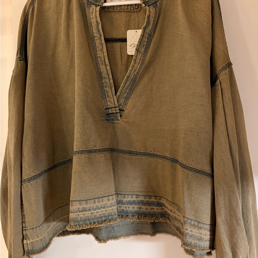 Free People Olive Green V-Neck Top